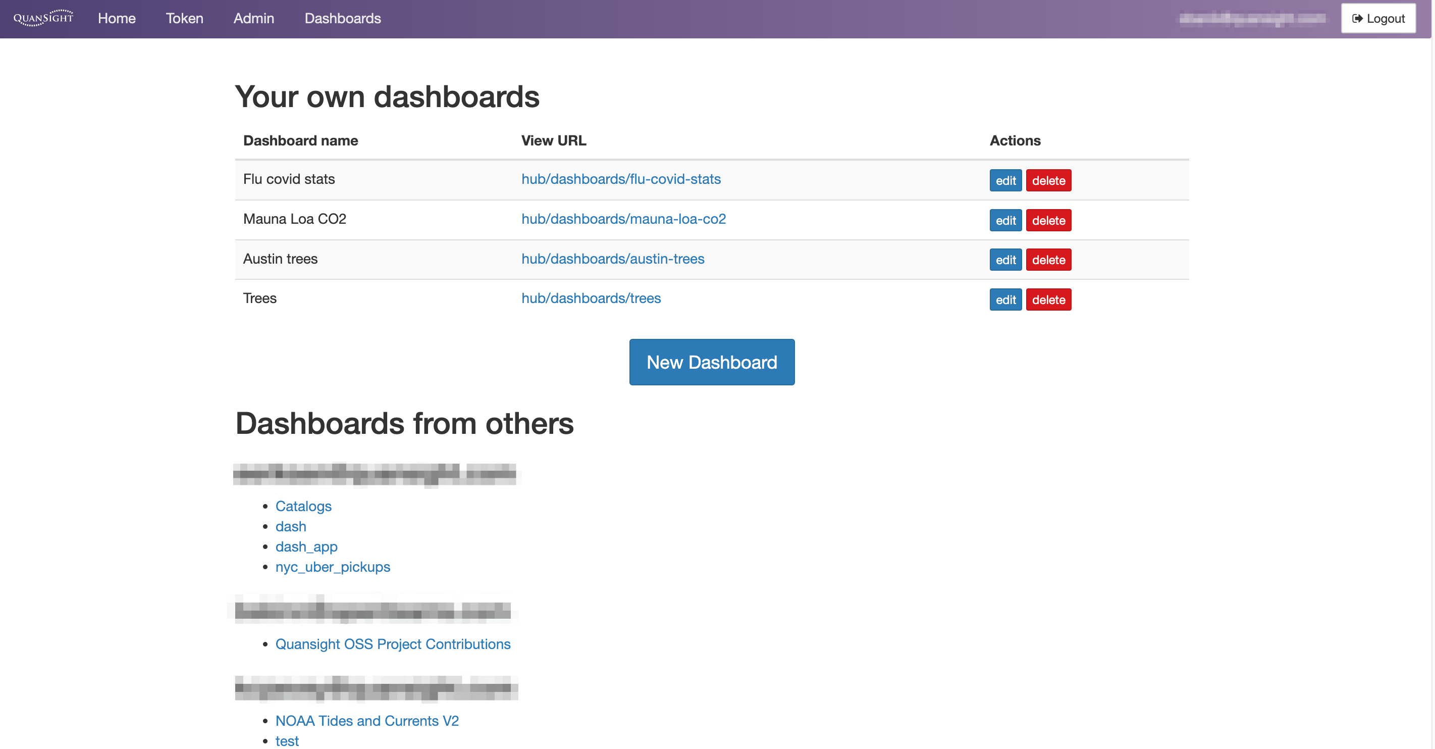 Nebari dashboard panel - showing a number of dashboards with corresponding start/delete buttons, as well as several URLs under the "Dashboards from others heading"